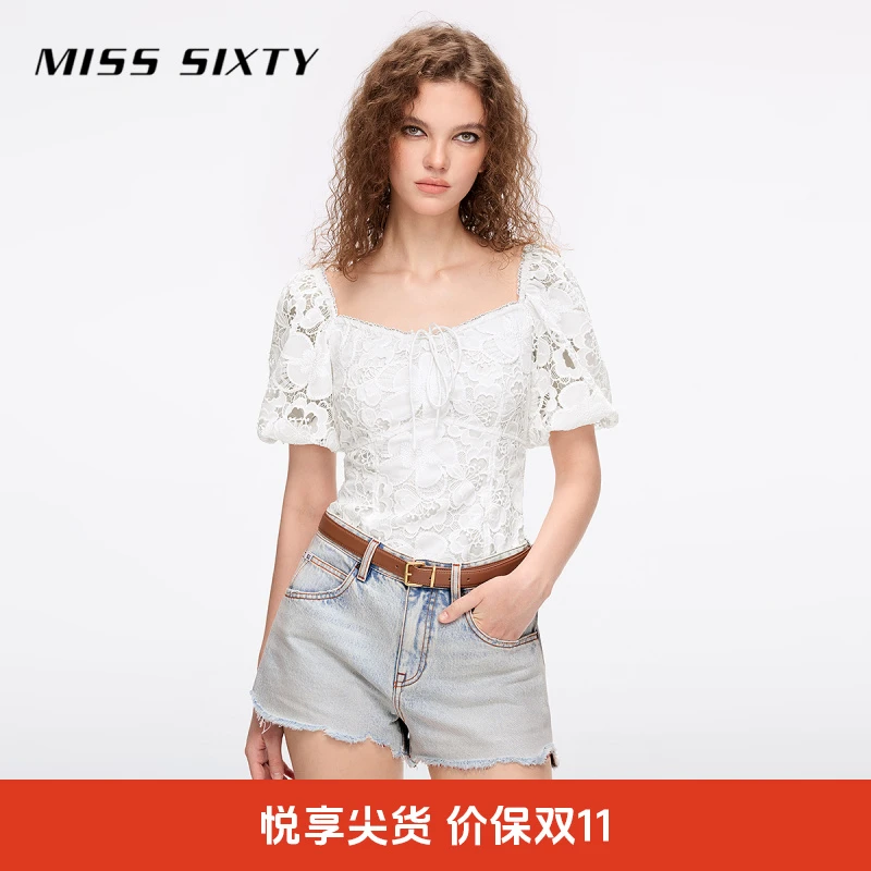 Miss Sixty2025夏季新款白色衬衫女泡泡袖系带镂空绣花度假风上衣