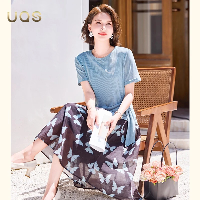 UQS2025年女夏季淑女套装舒适时尚百搭显瘦印花裙气质修身两件套