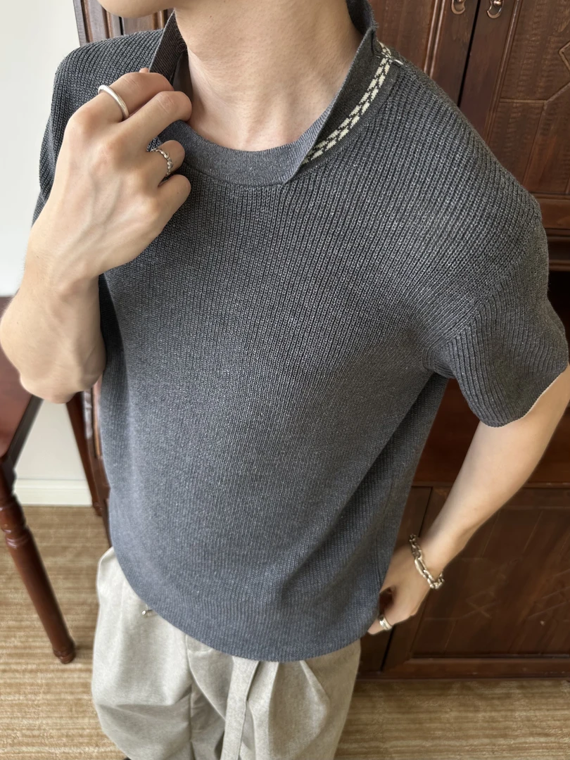 【EME】【新贵高奢】夏季针织棉麻 花纱老钱松弛透气圆领短袖针织衫