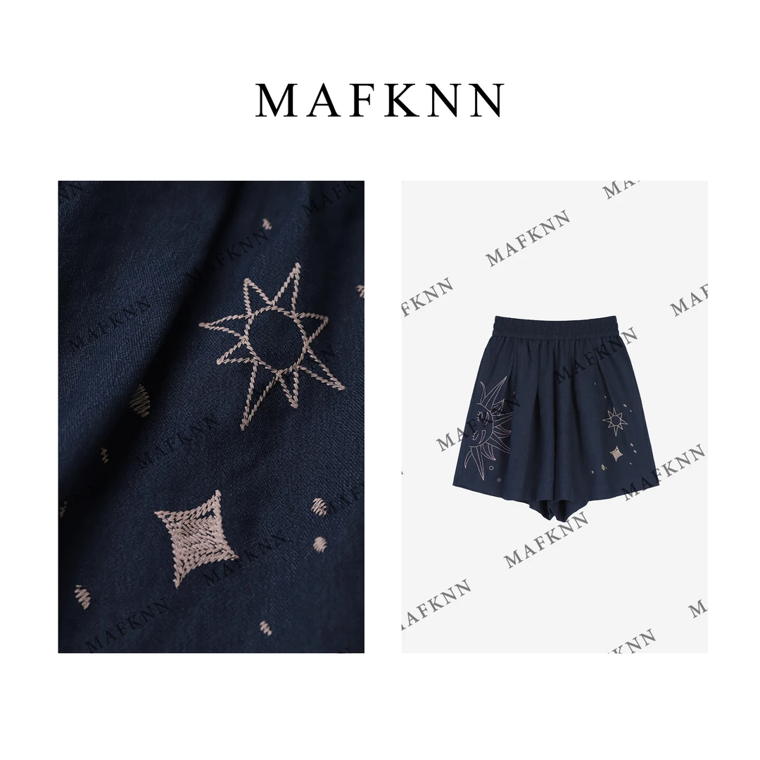 MAFKNN/玛肯时尚休闲简约纯色百搭松紧腰夏季刺绣短裤MK12500
