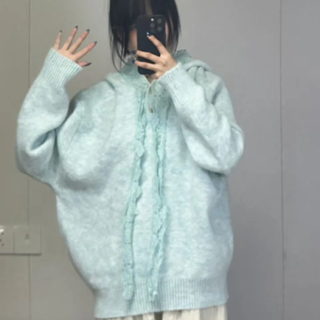 日系 连帽韩版女秋冬针织抽绳毛针织衫胸140长66