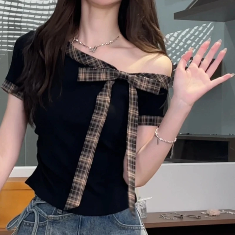 2025新款甜美风拼接条纹绑带蝴蝶结设计感短袖气质显瘦上衣