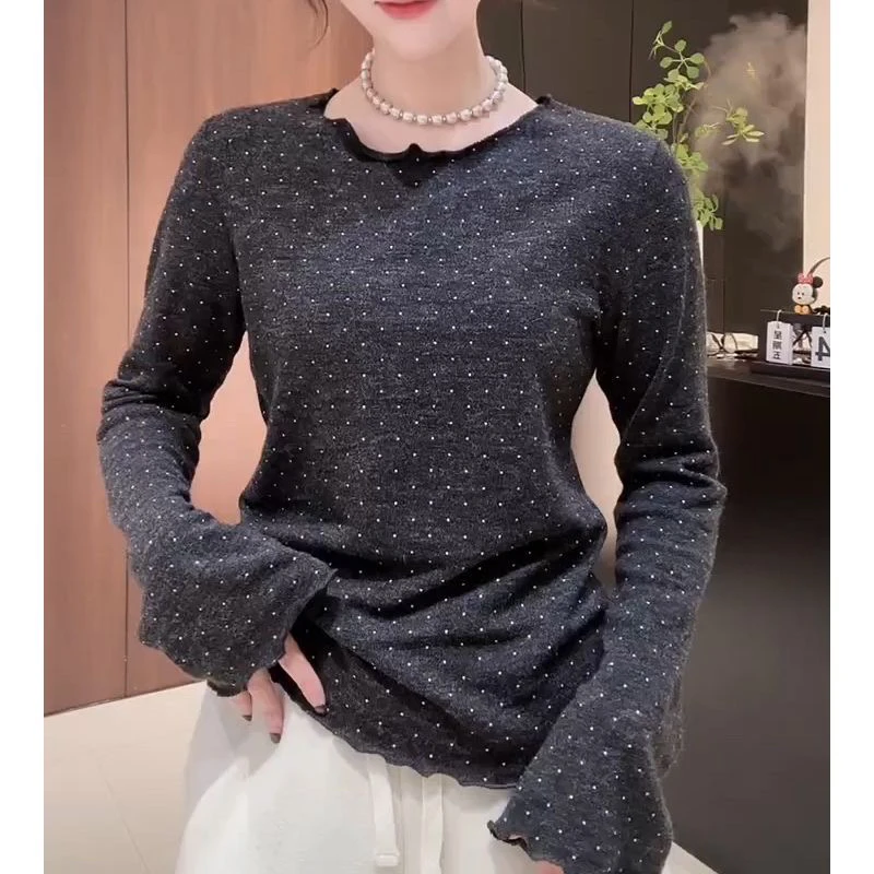 韩系气质修身波点长袖打底衫T恤女花边小众设计减龄百搭上衣女潮