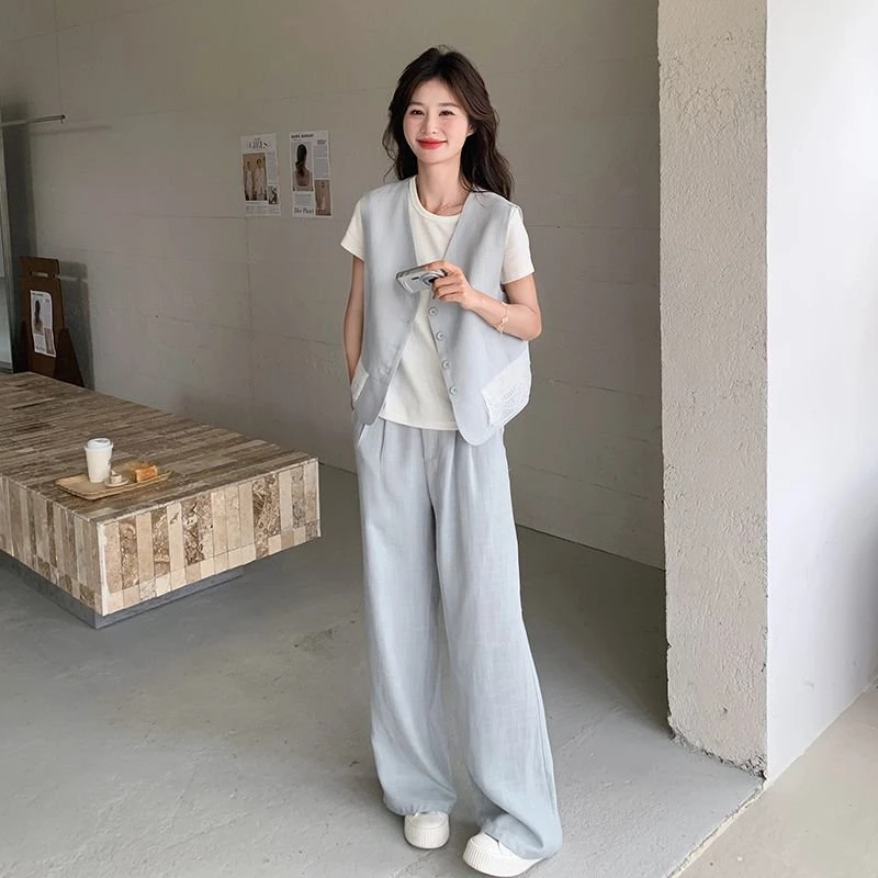 小众设计感蕾丝拼接马甲套装女2025春夏韩系休闲百搭阔腿裤三件套