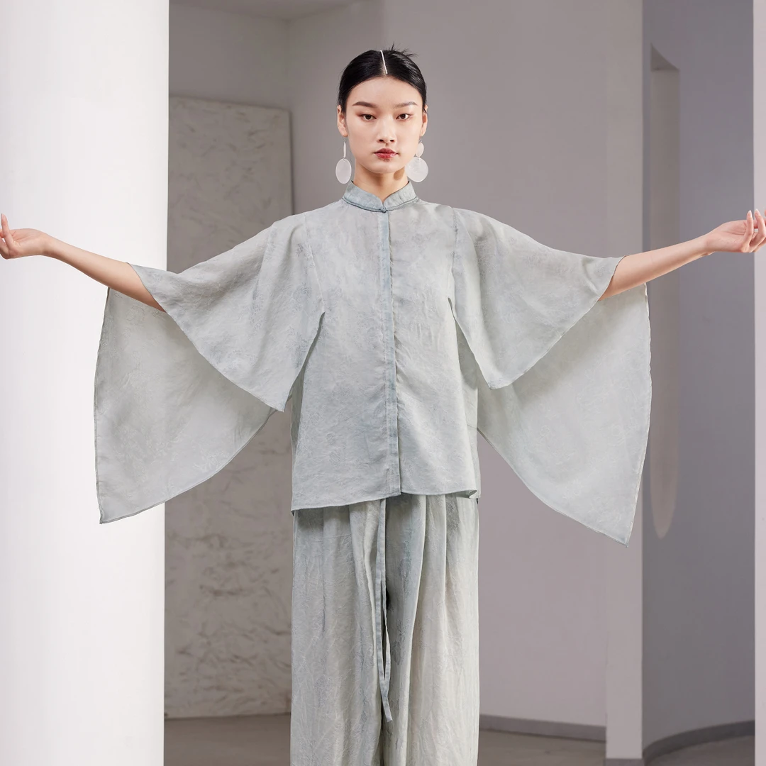 界内界外新中式醋酸提花斗篷型蝙蝠袖衬衫夏季中国风衬衣J42C215