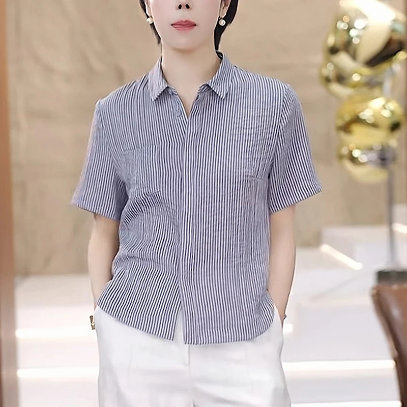 翻领条纹衬衫女夏季2025新款轻奢高级感洋气减龄宽松休闲显瘦上衣