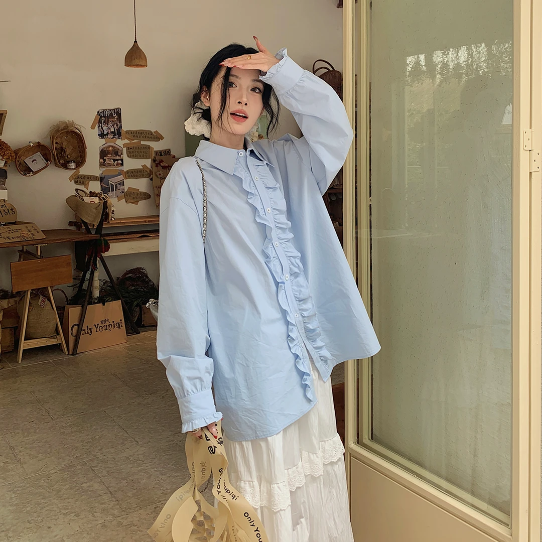 【吵吵家】木耳边开衫翻领衬衫设计感小众42513