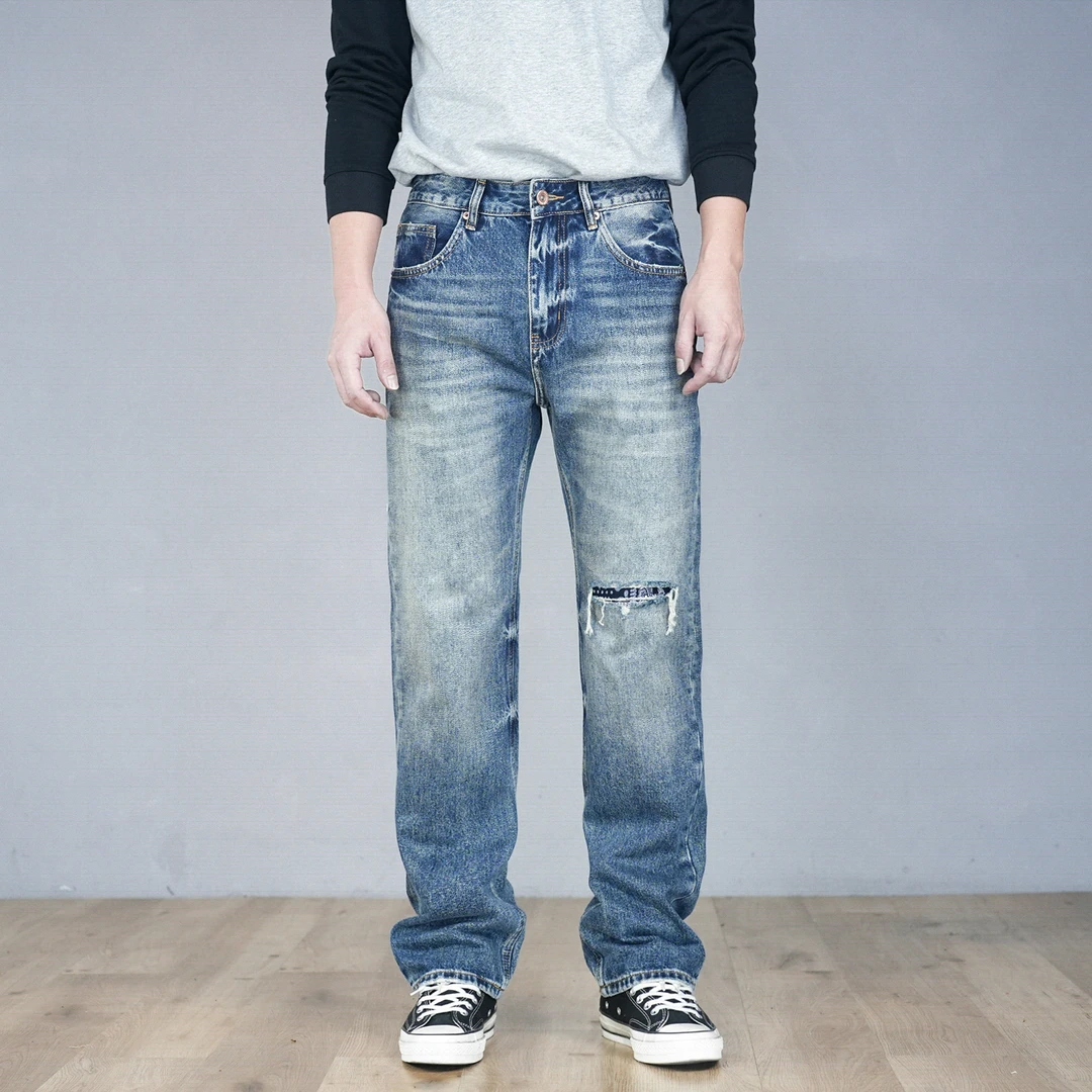SEVENTH/第七路秋冬厚款破洞补丁复古水洗宽松直筒蓝色牛仔裤男士