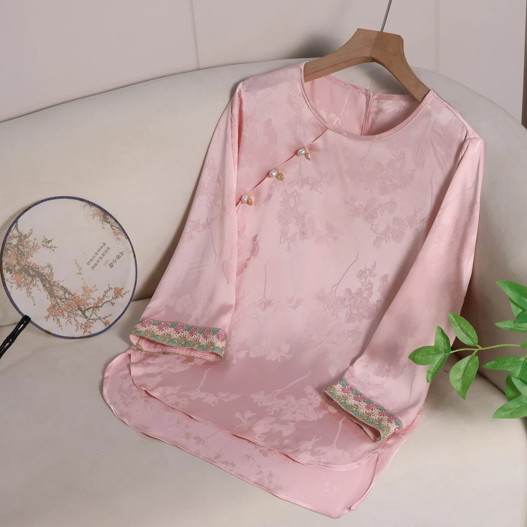 提花圆领斜襟衬衫春秋新中式复古国风上衣刺绣女装打底衫121