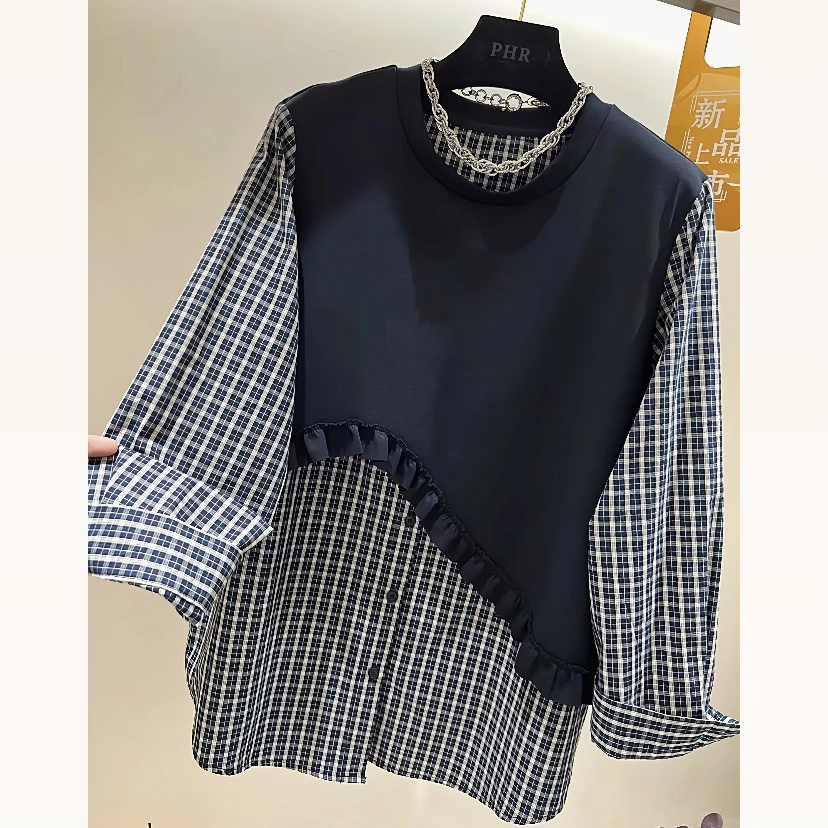 早秋新款大码女装时尚设计感条纹假两件衬衫