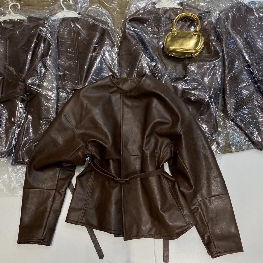 【文静女装】荔枝纹长袖宽松型上衣春秋绑带口袋皮衣短款时尚