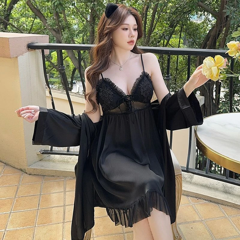 吊带睡裙睡袍春秋季女士冰丝长袖带胸垫性感黑色高级感睡衣家居服