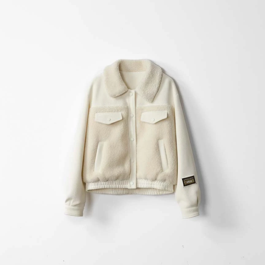 JIUSHIJIE 灯芯绒羊羔毛拼接90白鸭绒羽绒服女冬季2025新款短款