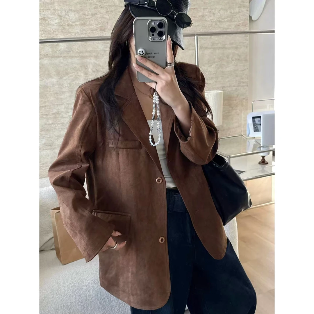 SP 美拉德麂皮绒西装外套女秋季韩系复古宽松休闲棕色西服外套