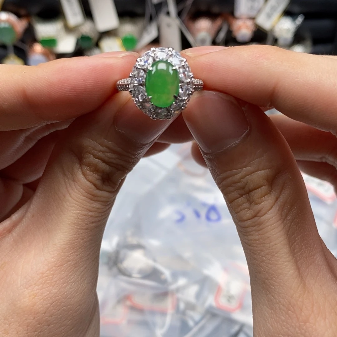 翡翠戒指银S925镶嵌大*璐天然缅甸翡翠a货
