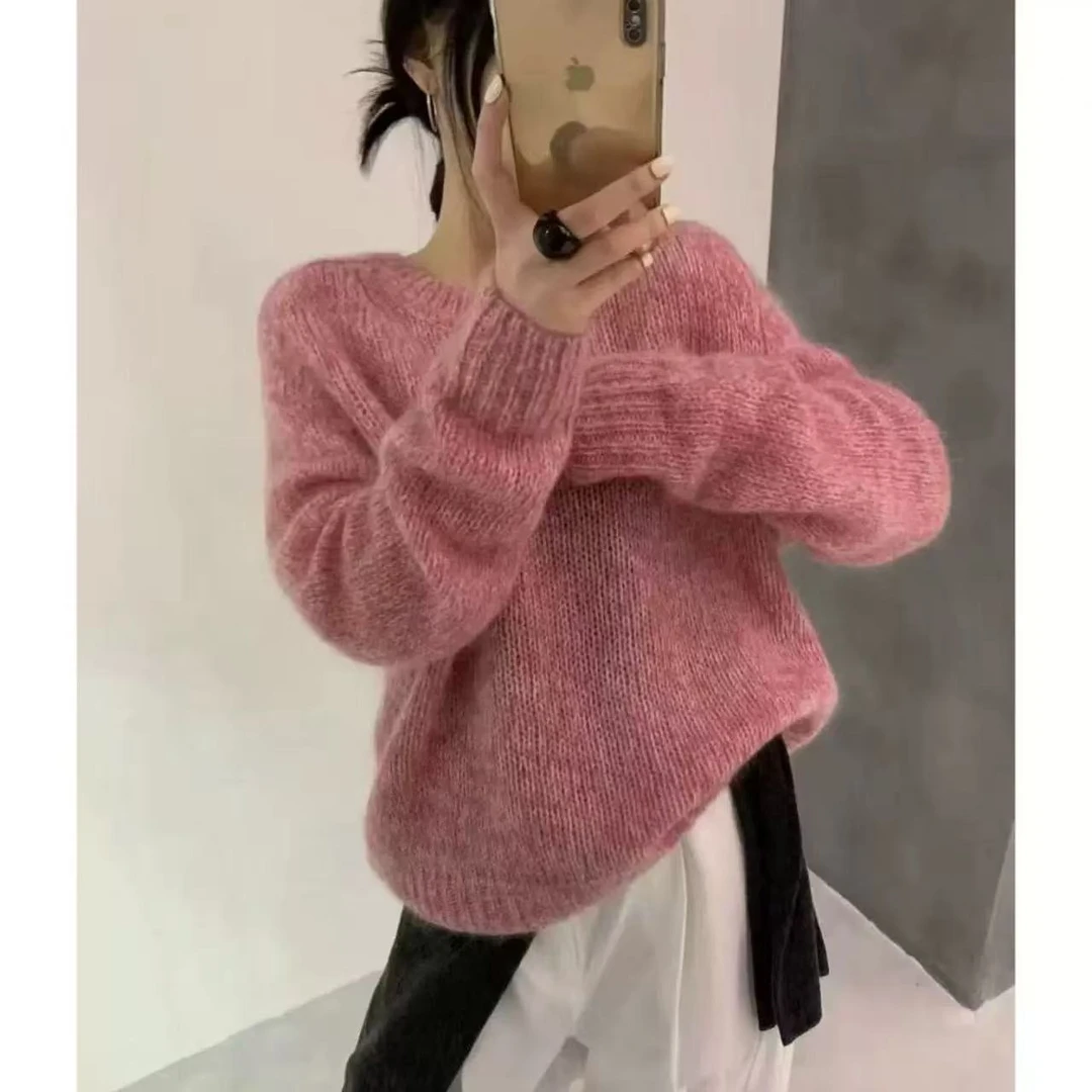 【桃花朵朵开】马鞍肩慵懒风针织毛衣常规款衫常规圆领秋冬百搭