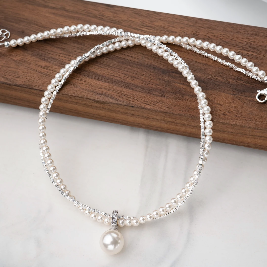 链子925银 4a454吊坠轻奢感碎银子珠珠双层项链女夏锁骨链时尚