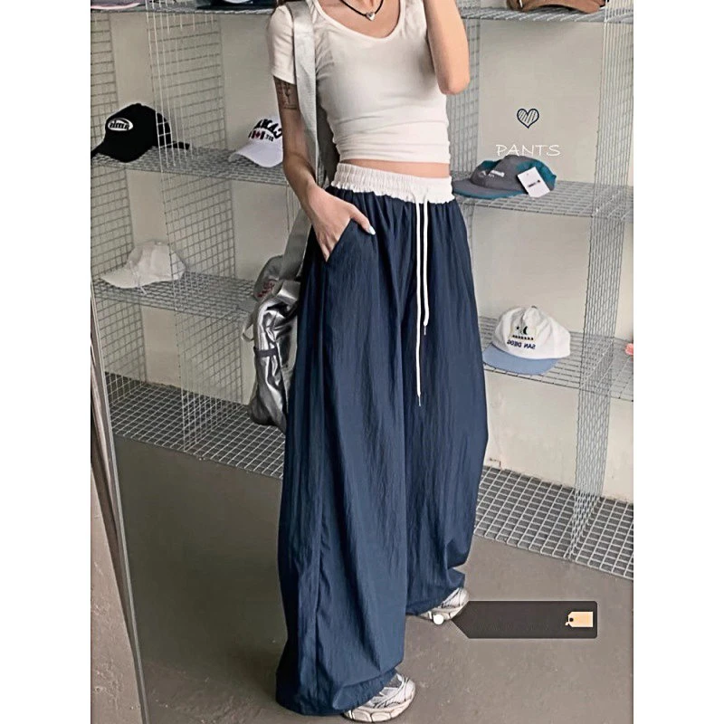 美式宽松阔腿裤子女夏季新款抽绳高腰百搭直筒慵懒风休闲运动长裤