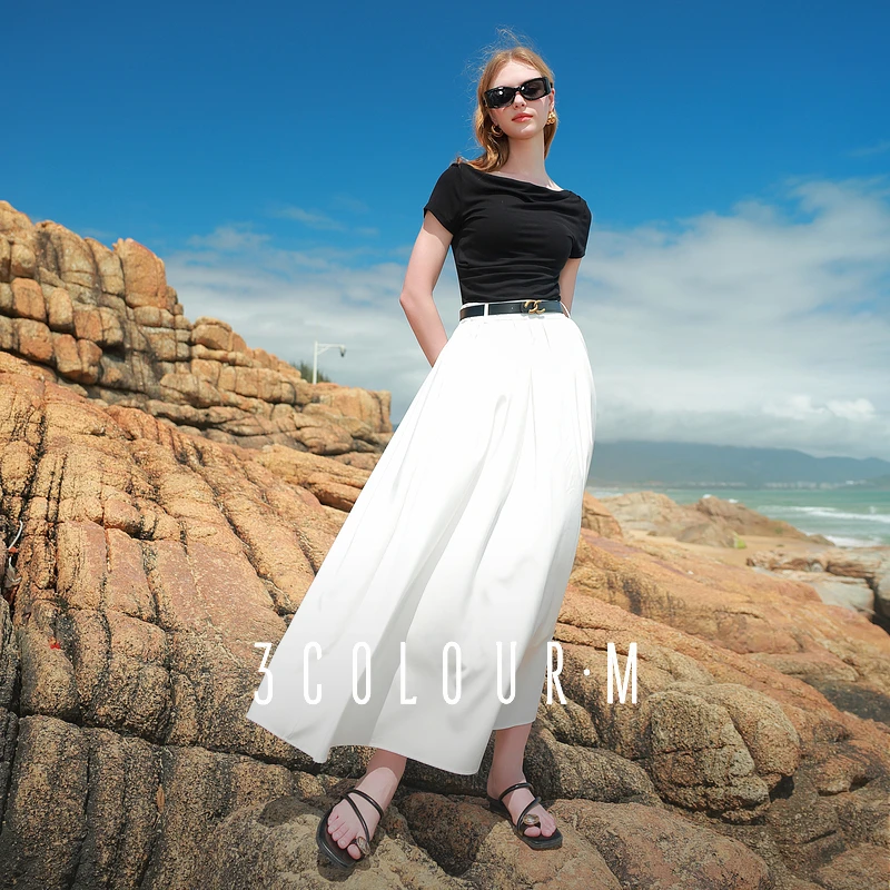 三彩2025夏季新款白色半身裙高腰松紧A字裙褶皱长裙显瘦时尚女M
