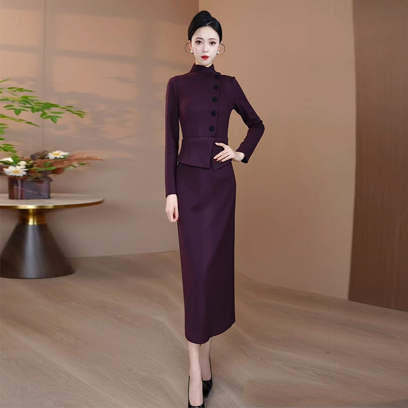 紫色加厚毛呢连衣裙女2025秋冬新款显瘦气质裙子修身优雅轻奢长裙