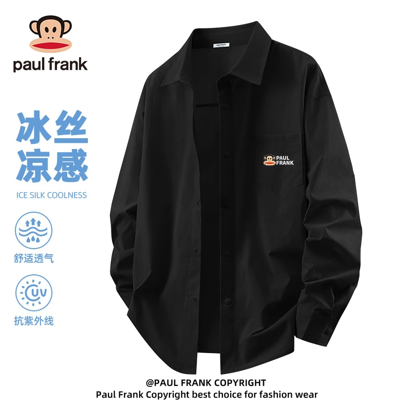 paul frank/大嘴猴UPF50+防晒男士衬衫夏季休闲冰丝黑色简约长袖