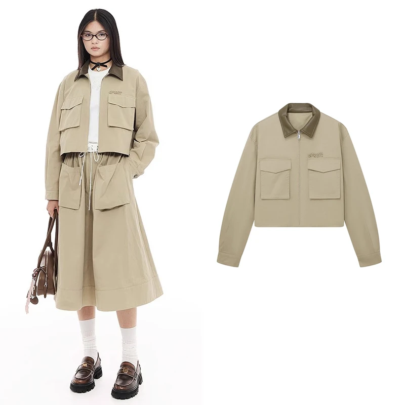 【素素订单】短外套2025春季新款拼接环保皮老钱格调上衣女Z5382