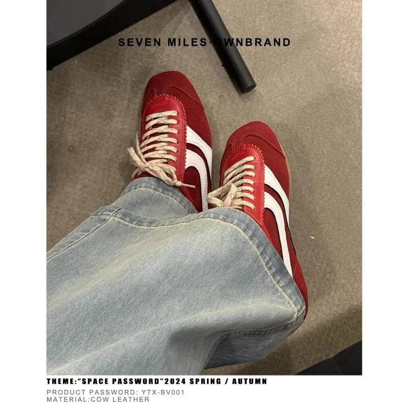 牛皮版！小众红色德训鞋2025春秋新款休闲系带运动阿甘鞋平底鞋女