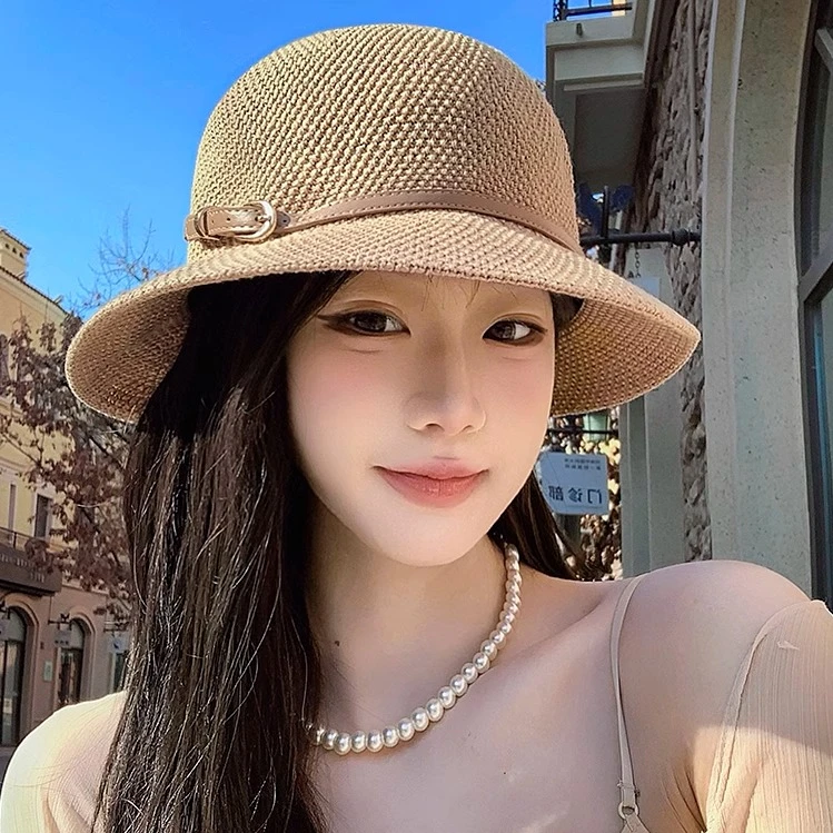 海边渔夫帽子女显脸小2025新款夏季草编透气防晒遮阳帽户外太阳帽