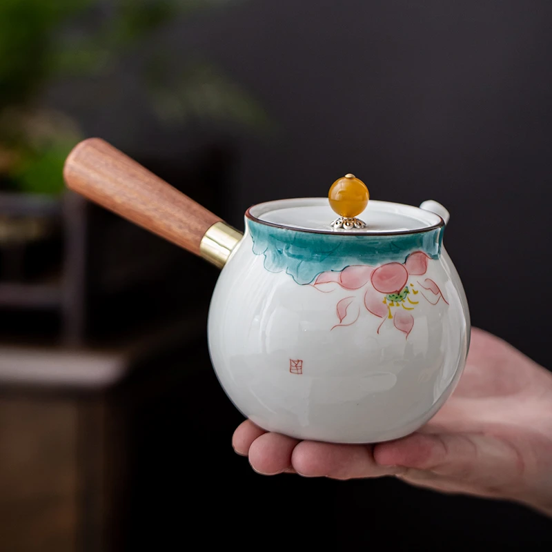 釉下彩手绘茶壶纯手工防烫陶瓷侧把壶大容量家用办公泡茶壶冲茶壶