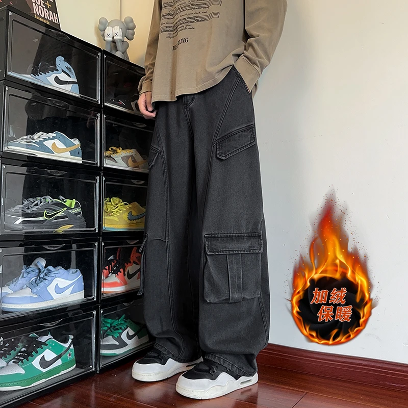 金狐狸男女秋冬大码工装裤美式复古牛仔裤百搭宽松加绒保暖阔腿裤