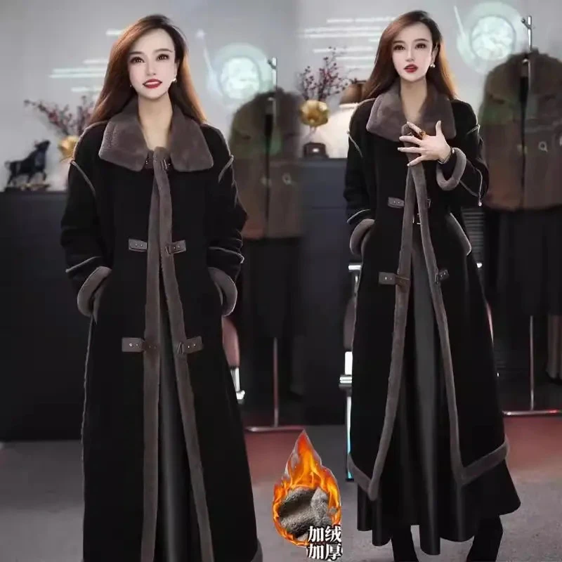 时尚洋气加绒加厚鹿皮绒外套女2025冬季新款气质百搭长款皮毛大衣