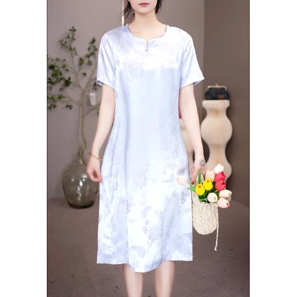 2058 【香芋紫】花罗直筒遮肚子连衣裙