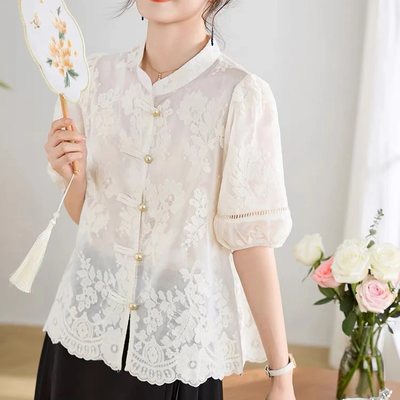 新中式蕾丝衬衫女 国风盘扣镂空显瘦气质短袖时尚减龄T恤 9276