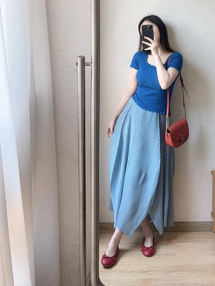 蓝色方领正肩针织短袖T恤女夏季2025新款修身短款法式多巴胺上衣