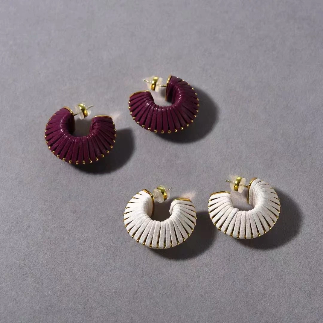 铜合金皮质耳饰 时尚个性设计缠绕皮编织C形耳环