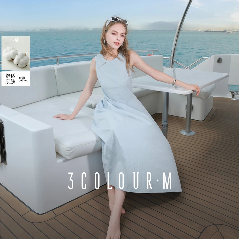 三彩2025夏季新款无袖连衣裙收腰花苞裙长裙圆领背心裙侘寂风M