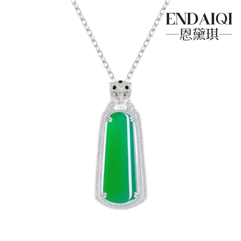 坠链均925银合成锆石 925银镶豹头绿色平安无事牌吊坠项链