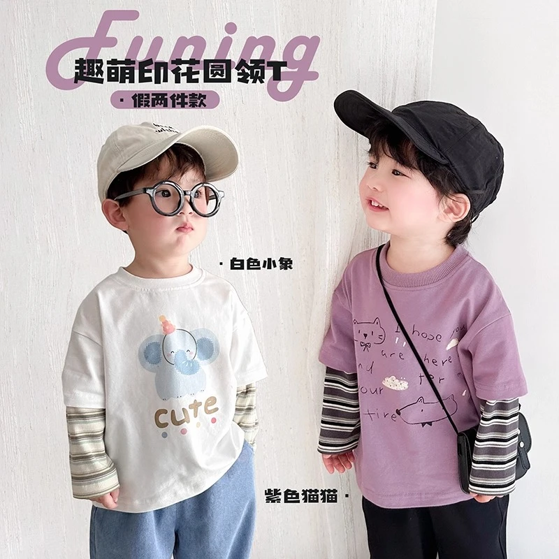 童装2025秋装新款大耳小象儿童假两件圆领印花长袖T恤打底