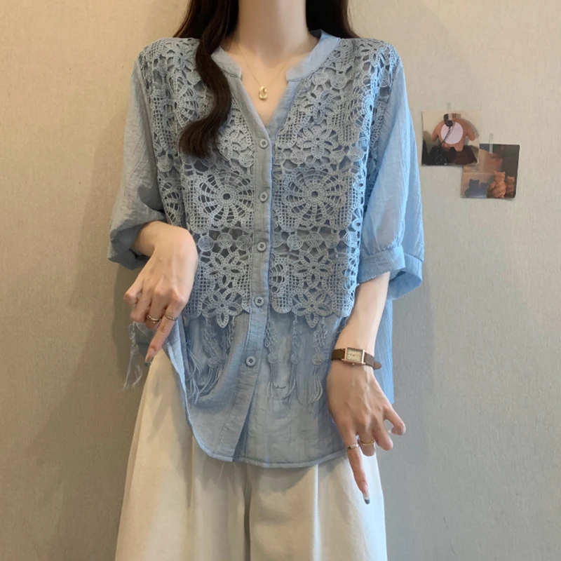 设计拼接蕾丝镂空衬衣女短袖夏季微胖大码显瘦上衣流苏V领衬衫潮