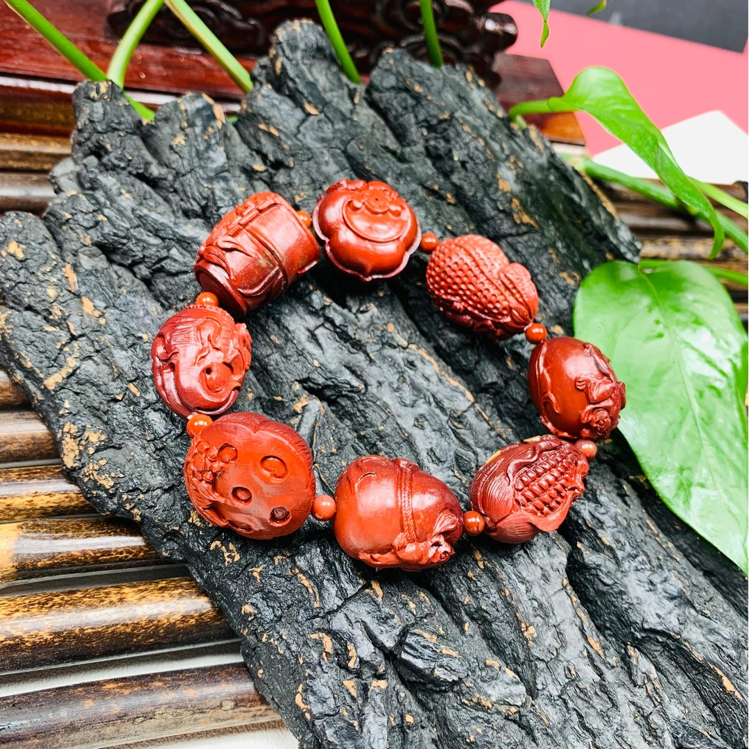 天然老矿七彩盐源玛瑙手工精雕八宝手串