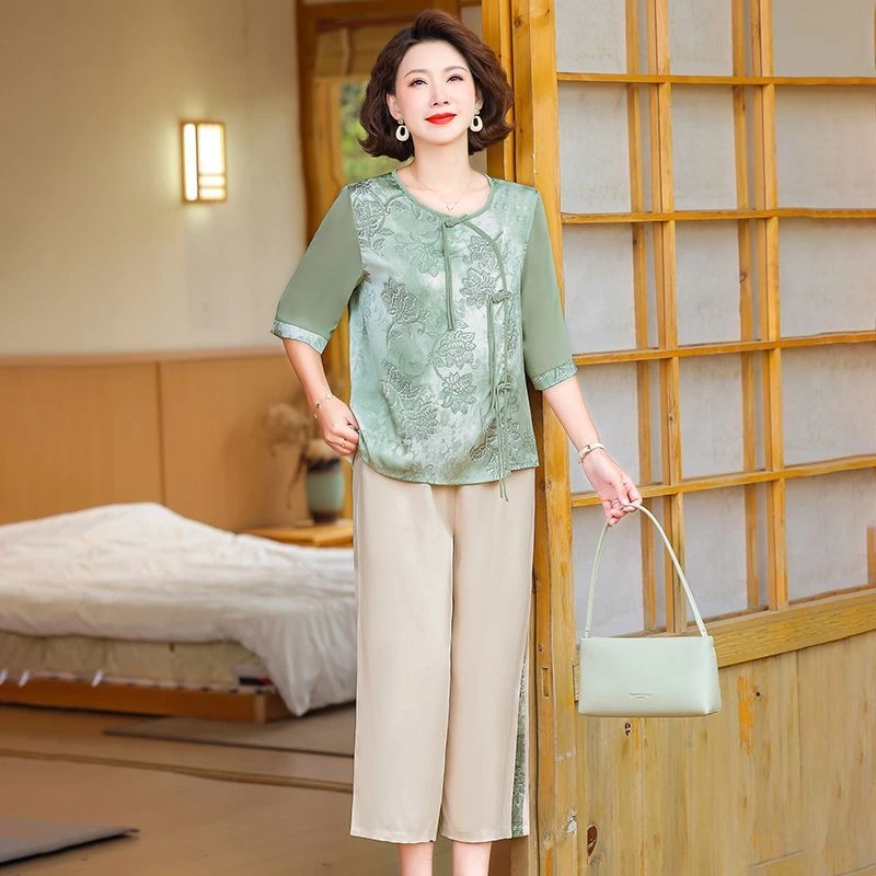 10064-洋气夏装新款中年女中式国风印花上衣套装【姚家村，25号】