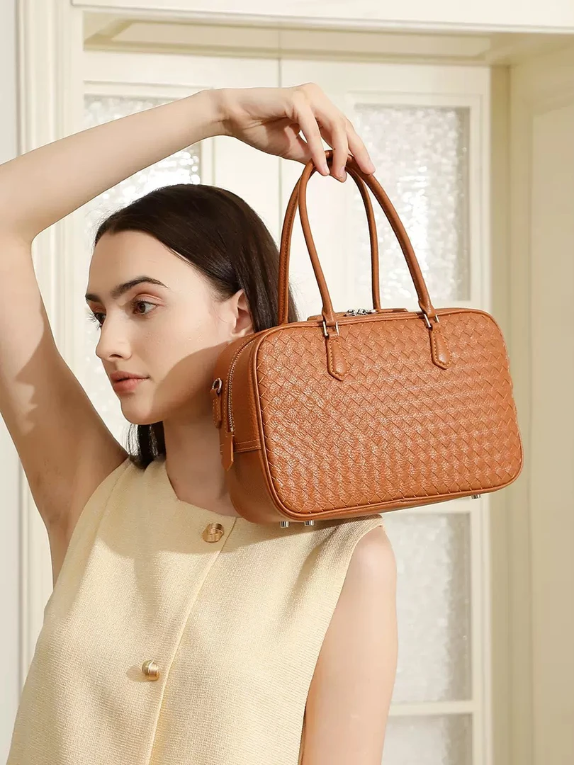 2025秋季新款女包手工头层牛皮编织手提包真皮单肩手提斜跨通勤包