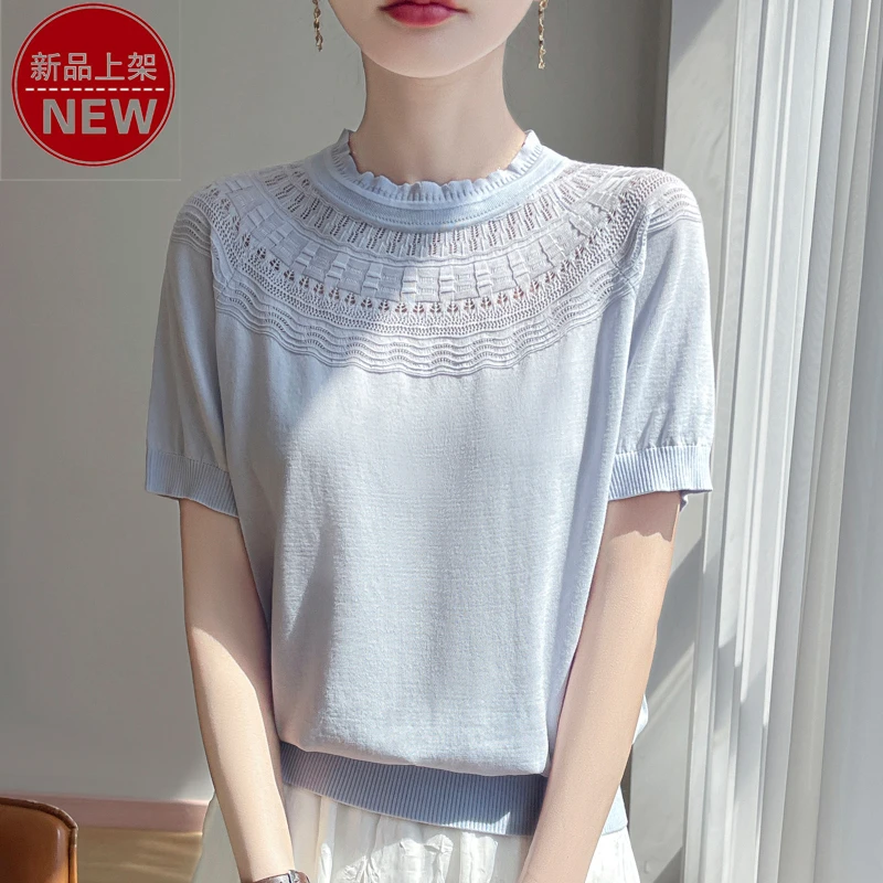 哥弟阿玛施正品时尚蕾丝木耳边圆领欧若风薄款气质镂空短袖针织衫