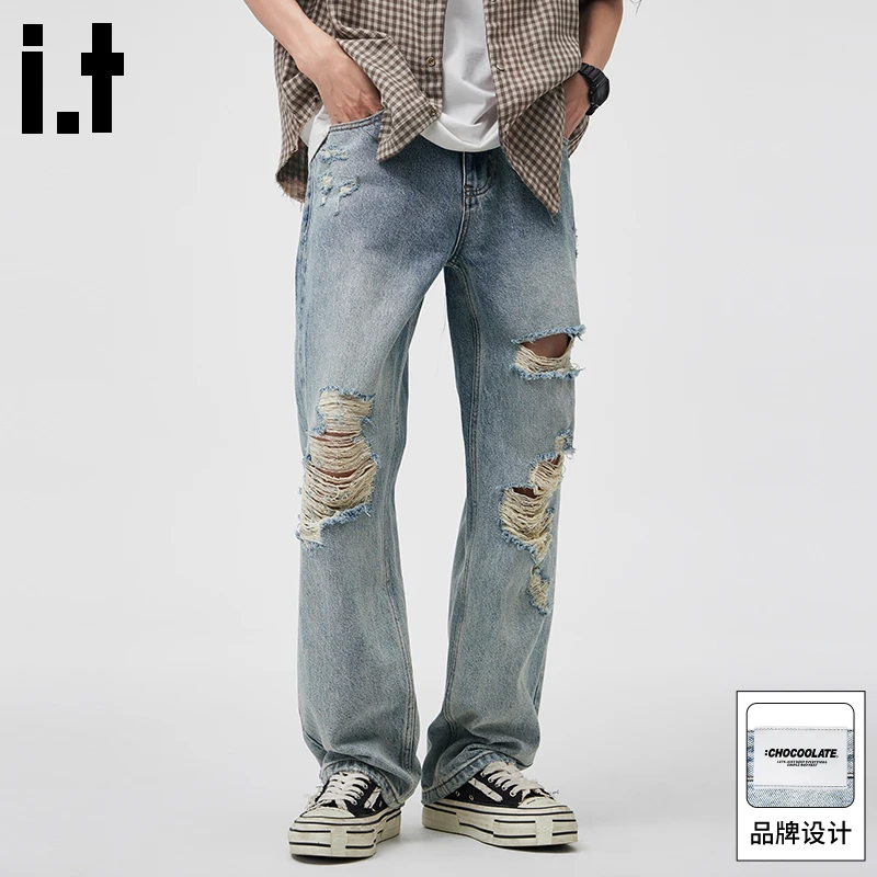 it :CHOCOOLATE美式复古牛仔裤男2025秋季新款破洞直筒宽松长裤子