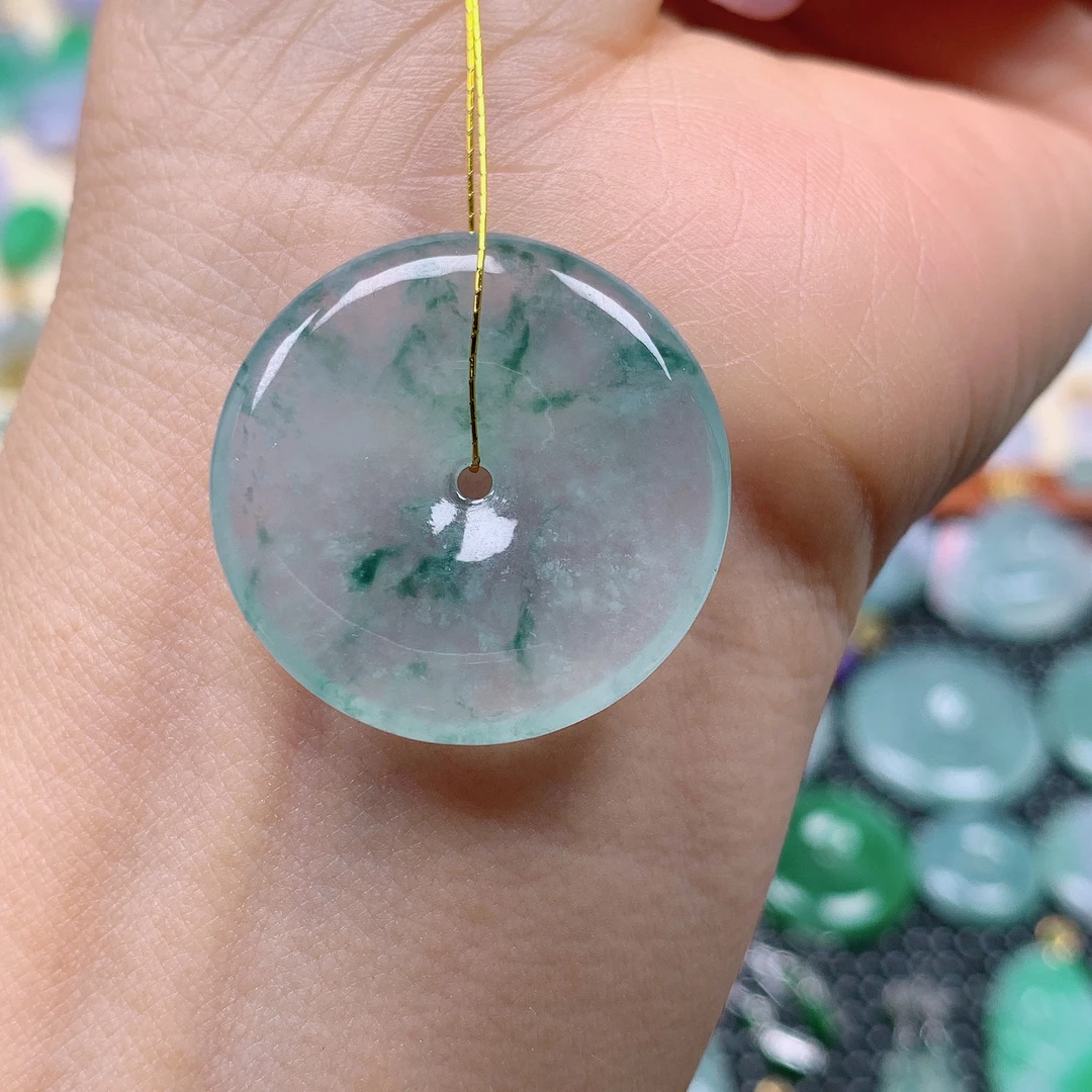 缅甸天然A货翡翠，冰飘花平安扣529尺寸27-4.7