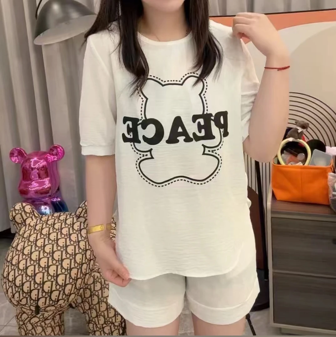 夏季新款时尚百搭显瘦休闲宽松圆领印花冰麻丝卡通彩色减龄套装