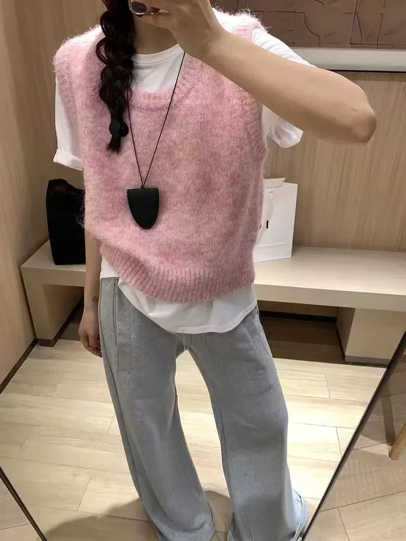 FEELROOM春季针织马甲背心坎肩叠穿内搭粉色无袖短款套头韩版上衣