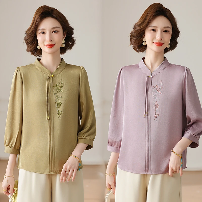 2025新款中式妈妈七分袖刺绣T恤洋气高贵小衫气质中老年夏装上衣