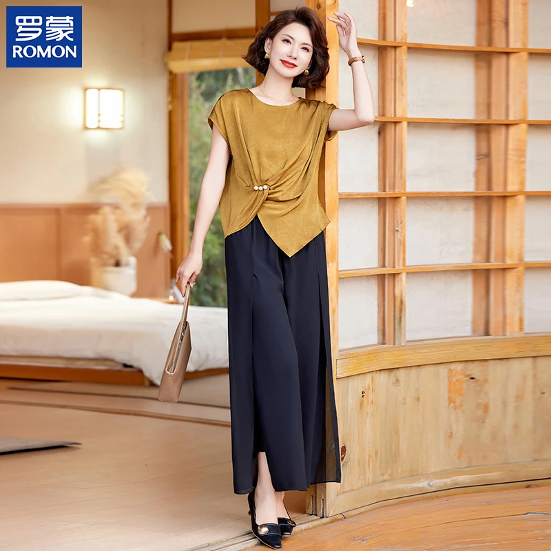 罗蒙妈妈装夏季气质套装母亲节服装中年时尚上衣中老年洋气两件套