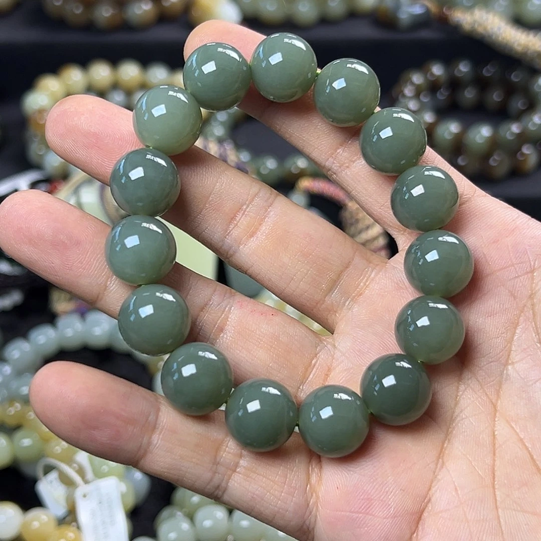 和田玉手链未镶嵌且末蓝卡14圆珠 油润